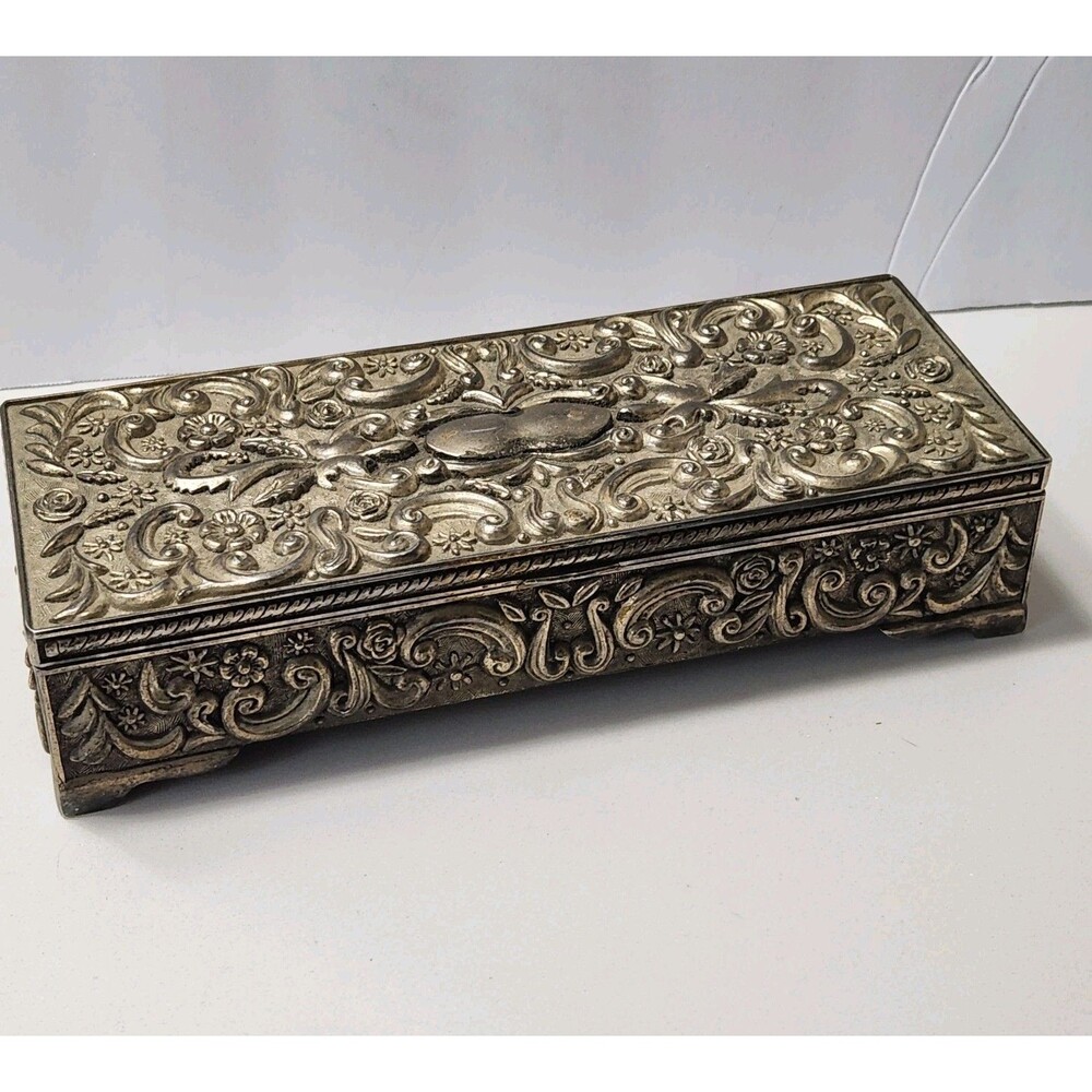 Godinger Vintage 1992 Silver Plate Ornate Rectangle Jewelry  Hinged Box Velvet